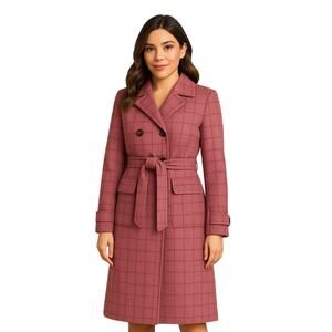 Vintage Pink Plaid Double-Breasted Coat Knee Length UK Size Small Belt Pockets